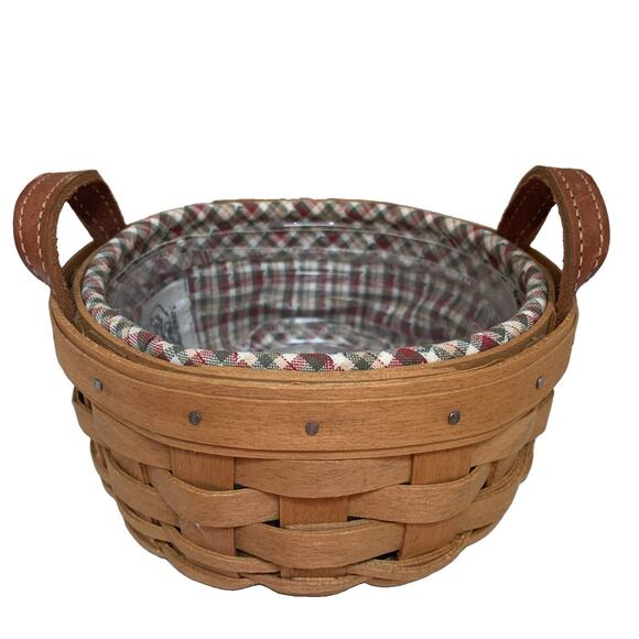 Longaberger Other - 2004 Longaberger 6" Saffron Basket w/leather handles~Plaid Liner~Protector~